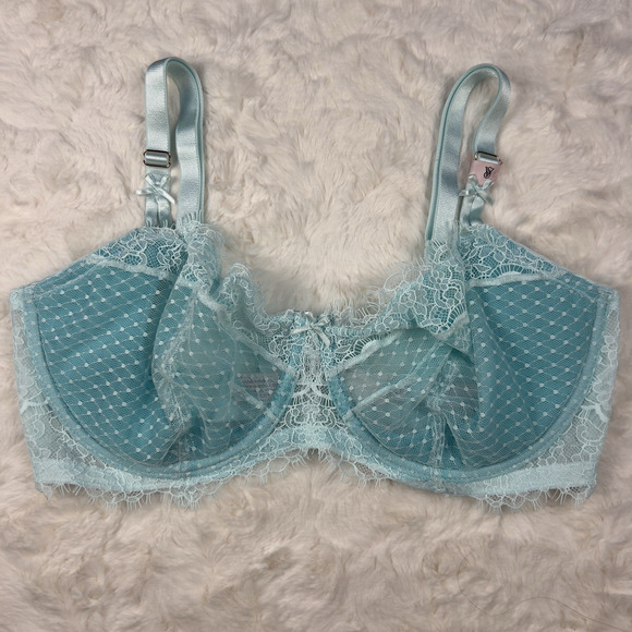 Victoria’s Secret Dream Angels Balconette Lace Mesh Bra 36DD Aqua Blue Sheer NWT - Picture 1 of 7